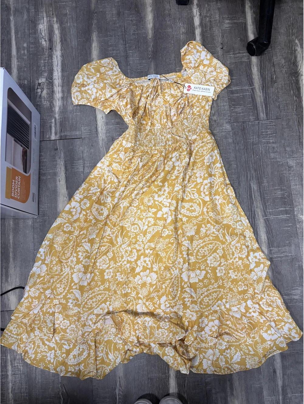 Kate Kasin Women's Yellow Floral Midi Dress Smocked Waist Size L NWT